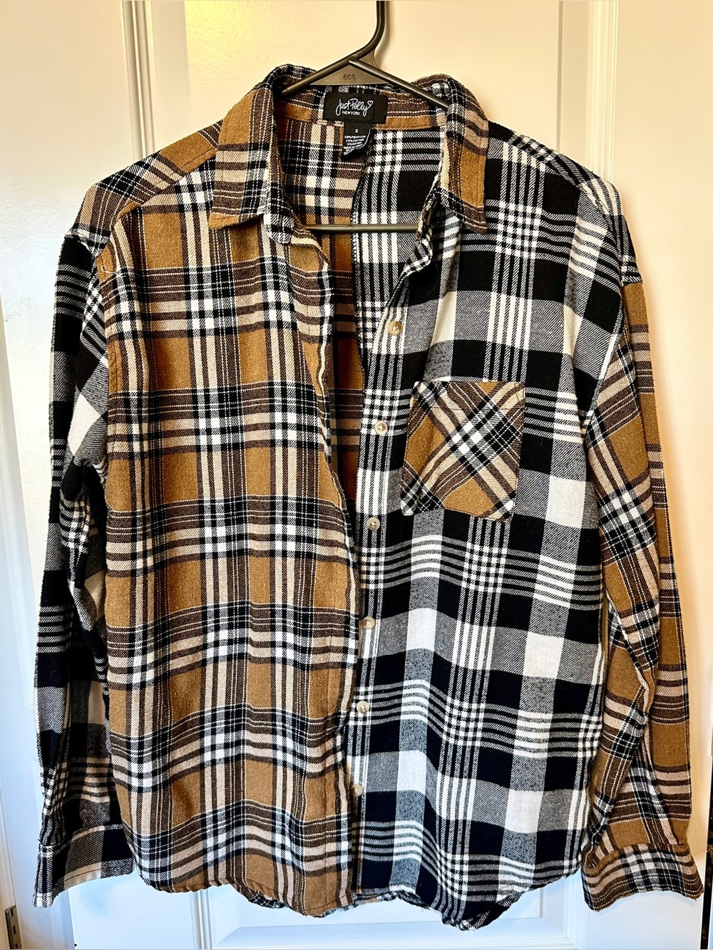 Just Polly New York Mixed Plaid Flannel Button Down Shirt Womenās S Brown Black